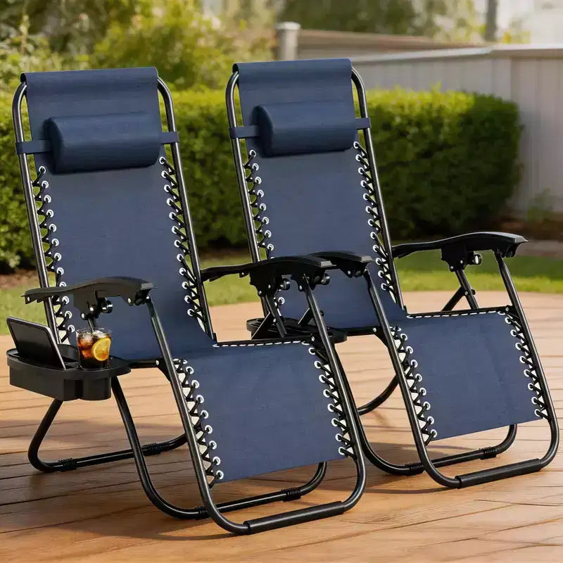 CuisinSmart Chaises zero gravite lot de 2. Chaises de patio inclinables reglables avec oreiller et plateau porte-gobelet. Chaises antigravite pliantes portables
