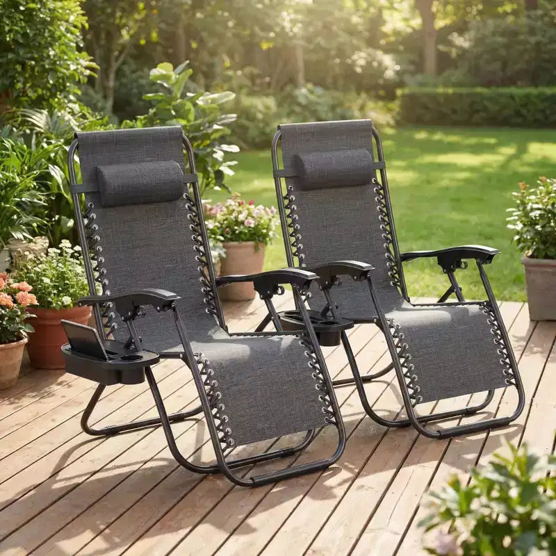 CuisinSmart Chaises zero gravite lot de 2. Chaises de patio inclinables reglables avec oreiller et plateau porte-gobelet. Chaises antigravite pliantes portables