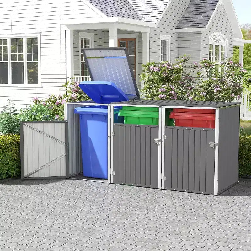 Abris de poubelle Zevemomo extérieur en métal gris clair pour 3 poubelles, tige de support pneumatique, portes verrouillables, chaîne de couvercle pour patio, jardin, arrière-cour