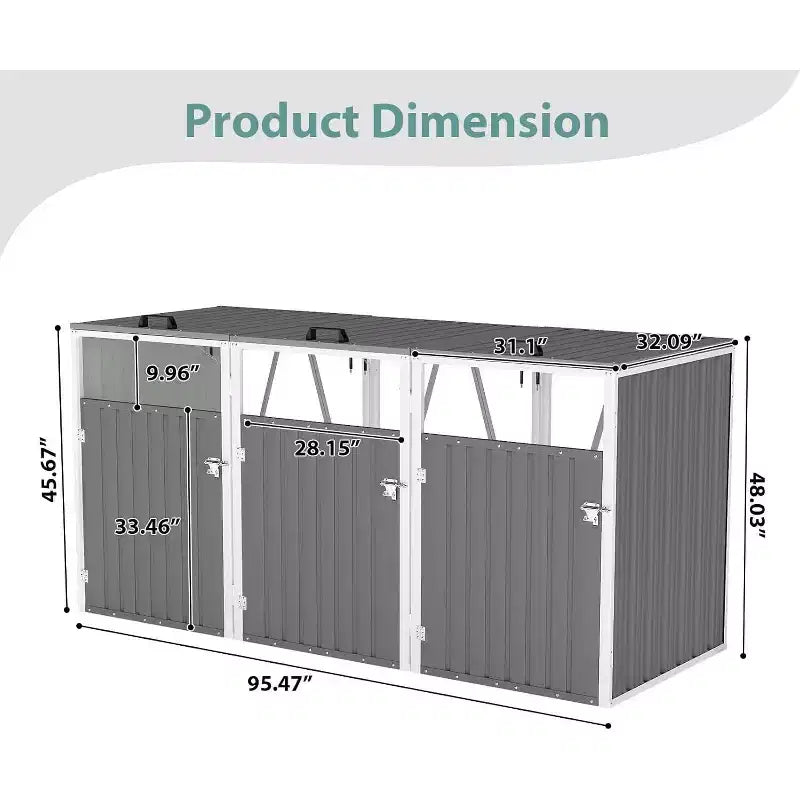 Abris de poubelle Zevemomo extérieur en métal gris clair pour 3 poubelles, tige de support pneumatique, portes verrouillables, chaîne de couvercle pour patio, jardin, arrière-cour