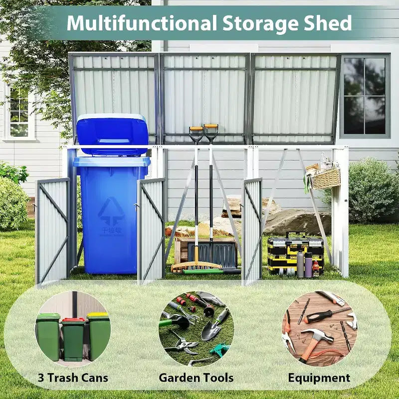 Abris de poubelle Zevemomo extérieur en métal gris clair pour 3 poubelles, tige de support pneumatique, portes verrouillables, chaîne de couvercle pour patio, jardin, arrière-cour