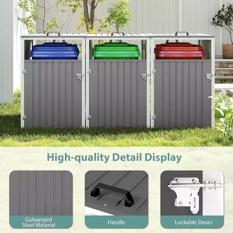 Abris de poubelle Zevemomo extérieur en métal gris clair pour 3 poubelles, tige de support pneumatique, portes verrouillables, chaîne de couvercle pour patio, jardin, arrière-cour