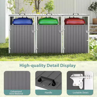 Abris de poubelle Zevemomo extérieur en métal gris clair pour 3 poubelles, tige de support pneumatique, portes verrouillables, chaîne de couvercle pour patio, jardin, arrière-cour