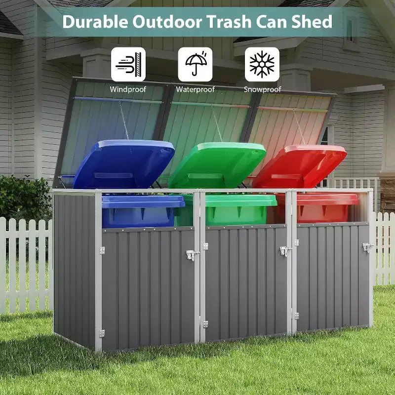 Abris de poubelle Zevemomo extérieur en métal gris clair pour 3 poubelles, tige de support pneumatique, portes verrouillables, chaîne de couvercle pour patio, jardin, arrière-cour