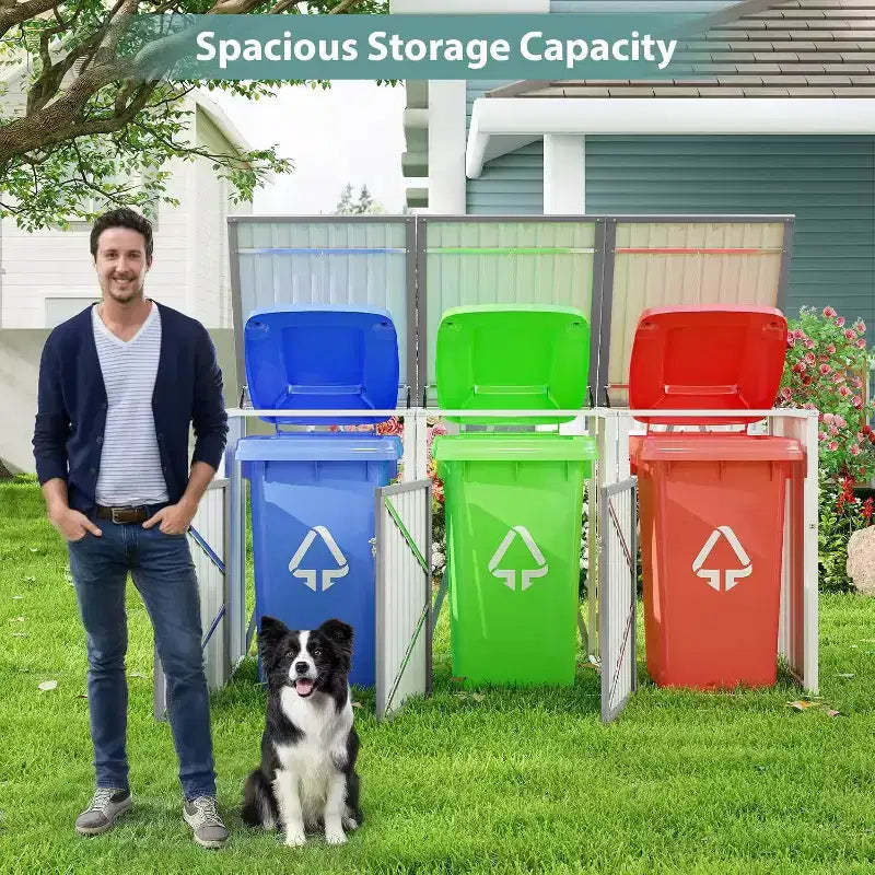 Abris de poubelle Zevemomo extérieur en métal gris clair pour 3 poubelles, tige de support pneumatique, portes verrouillables, chaîne de couvercle pour patio, jardin, arrière-cour