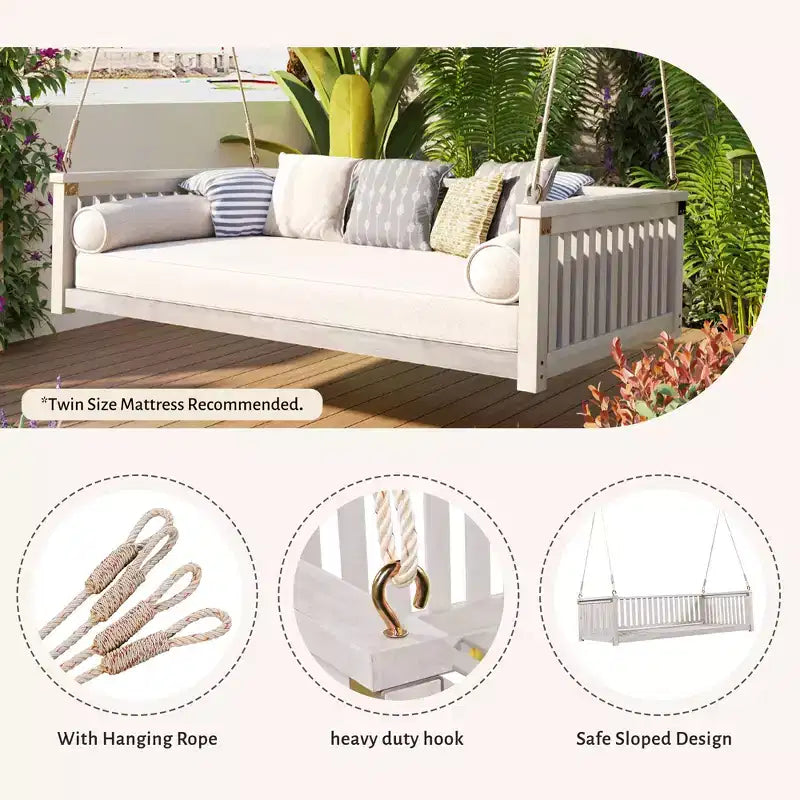 Lit balançoire de jardin minimaliste taille Twin en bois d'acacia et cordes pour la vie en plein air