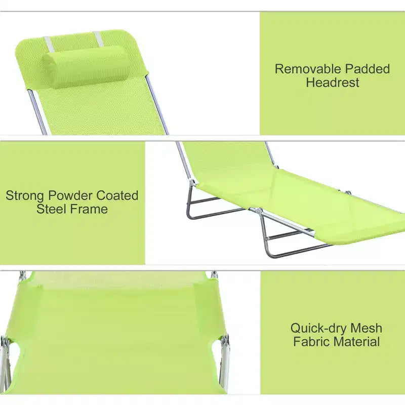 Chaise longue pliante avec dossier et appuie-tête réglables pour piscine et plage
