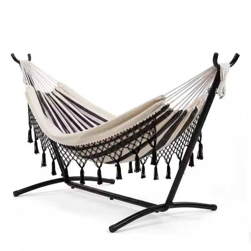 Hamac double avec support, capacité de 204 kg, cadre en acier robuste, 6 réglages de hauteur, 273 x 109 cm pour terrasse extérieure, piscine, jardin
