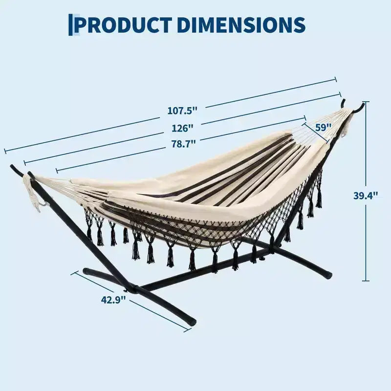Hamac double avec support, capacité de 204 kg, cadre en acier robuste, 6 réglages de hauteur, 273 x 109 cm pour terrasse extérieure, piscine, jardin