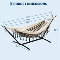 Hamac double avec support, capacité de 204 kg, cadre en acier robuste, 6 réglages de hauteur, 273 x 109 cm pour terrasse extérieure, piscine, jardin