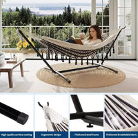 Hamac double avec support, capacité de 204 kg, cadre en acier robuste, 6 réglages de hauteur, 273 x 109 cm pour terrasse extérieure, piscine, jardin