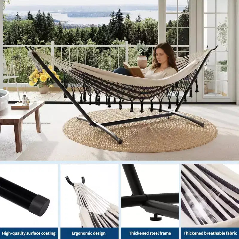 Hamac double avec support, capacité de 204 kg, cadre en acier robuste, 6 réglages de hauteur, 273 x 109 cm pour terrasse extérieure, piscine, jardin