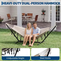 Hamac double avec support, capacité de 204 kg, cadre en acier robuste, 6 réglages de hauteur, 273 x 109 cm pour terrasse extérieure, piscine, jardin