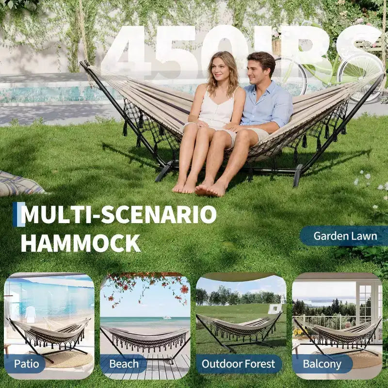 Hamac double avec support, capacité de 204 kg, cadre en acier robuste, 6 réglages de hauteur, 273 x 109 cm pour terrasse extérieure, piscine, jardin