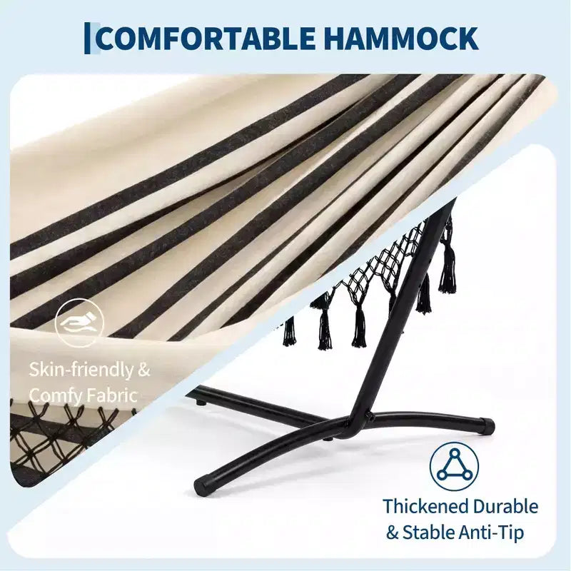 Hamac double avec support, capacité de 204 kg, cadre en acier robuste, 6 réglages de hauteur, 273 x 109 cm pour terrasse extérieure, piscine, jardin