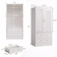 Armoire-penderie à persiennes GustoWave 65 po, penderie en bois avec 2 portes et 2 tiroirs, tringle de rangement pour chambre
