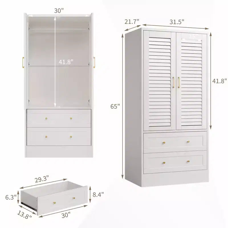 Armoire-penderie à persiennes GustoWave 65 po, penderie en bois avec 2 portes et 2 tiroirs, tringle de rangement pour chambre