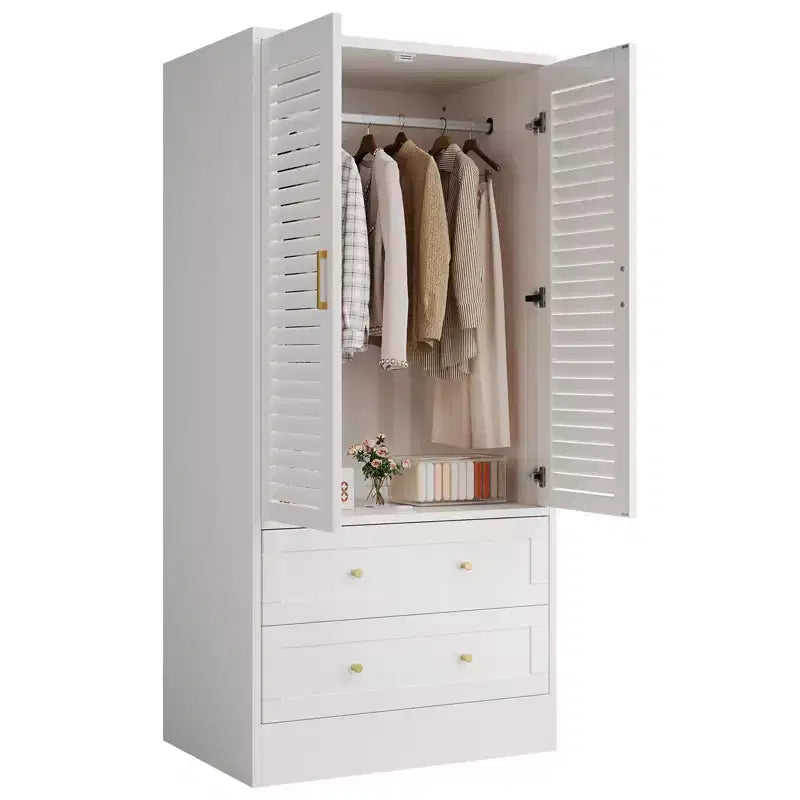Armoire-penderie à persiennes GustoWave 65 po, penderie en bois avec 2 portes et 2 tiroirs, tringle de rangement pour chambre