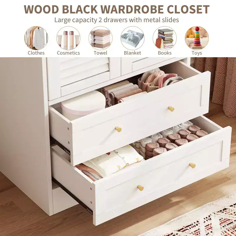 Armoire-penderie à persiennes GustoWave 65 po, penderie en bois avec 2 portes et 2 tiroirs, tringle de rangement pour chambre