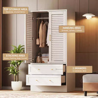 Armoire-penderie à persiennes GustoWave 65 po, penderie en bois avec 2 portes et 2 tiroirs, tringle de rangement pour chambre
