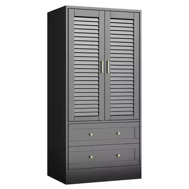 Armoire-penderie à persiennes GustoWave 65 po, penderie en bois avec 2 portes et 2 tiroirs, tringle de rangement pour chambre