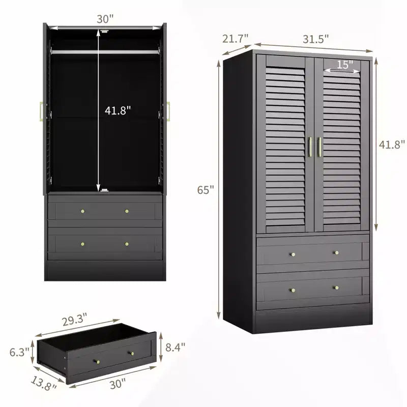 Armoire-penderie à persiennes GustoWave 65 po, penderie en bois avec 2 portes et 2 tiroirs, tringle de rangement pour chambre