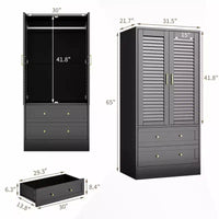 Armoire-penderie à persiennes GustoWave 65 po, penderie en bois avec 2 portes et 2 tiroirs, tringle de rangement pour chambre