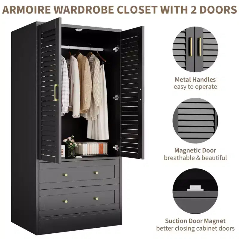 Armoire-penderie à persiennes GustoWave 65 po, penderie en bois avec 2 portes et 2 tiroirs, tringle de rangement pour chambre