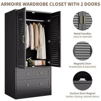 Armoire-penderie à persiennes GustoWave 65 po, penderie en bois avec 2 portes et 2 tiroirs, tringle de rangement pour chambre