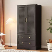 Armoire-penderie à persiennes GustoWave 65 po, penderie en bois avec 2 portes et 2 tiroirs, tringle de rangement pour chambre