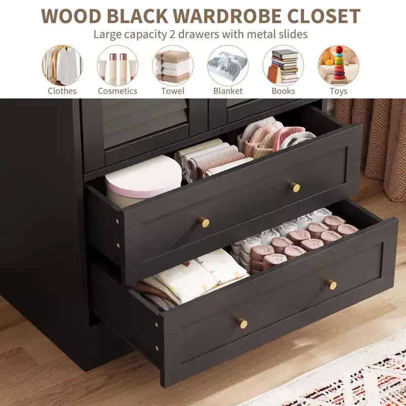 Armoire-penderie à persiennes GustoWave 65 po, penderie en bois avec 2 portes et 2 tiroirs, tringle de rangement pour chambre