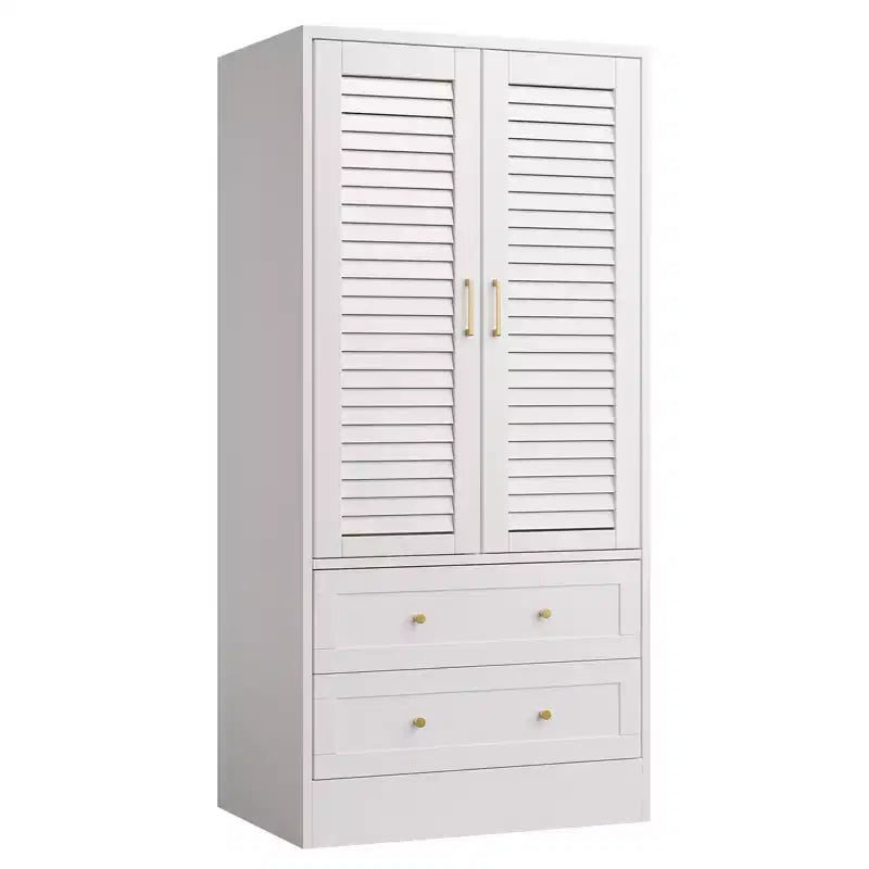 Armoire-penderie à persiennes GustoWave 65 po, penderie en bois avec 2 portes et 2 tiroirs, tringle de rangement pour chambre