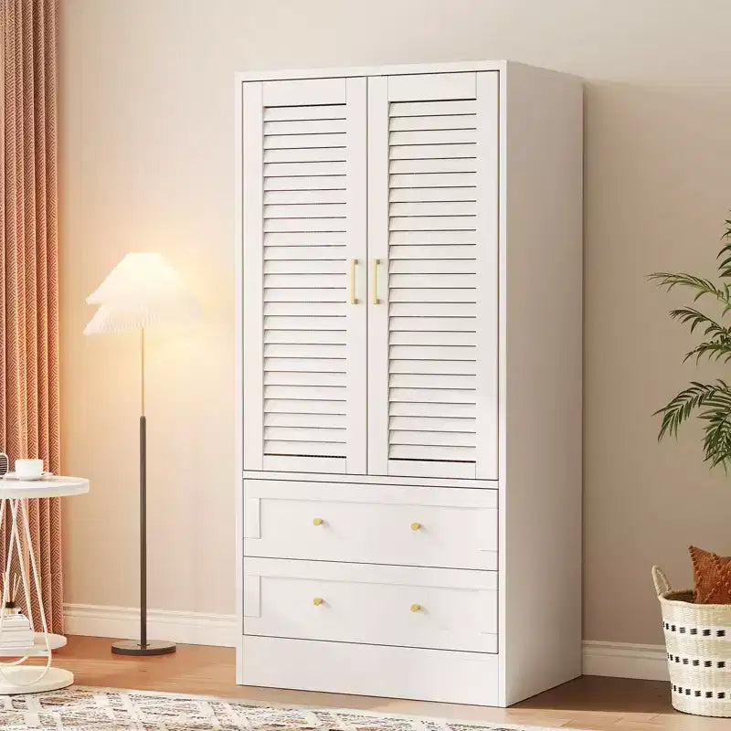 Armoire-penderie à persiennes GustoWave 65 po, penderie en bois avec 2 portes et 2 tiroirs, tringle de rangement pour chambre