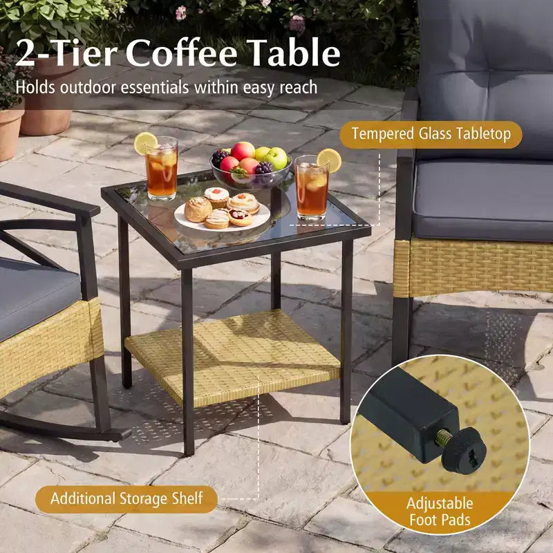 Gymax Ensemble de chaises à bascule de terrasse 3 pièces avec table bistro en verre trempé