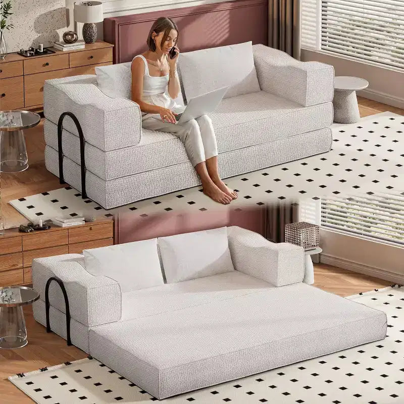 Canapé-lit convertible MooxvMoo 80 avec 2 oreillers, canapé de sol 3 places, lit King Size, combinaison DIY, chenille, blanc beige