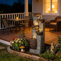 GDFStudio Hulda Fontaine d'eau d'extérieur rustique etagee en forme de cruche avec lumières LED