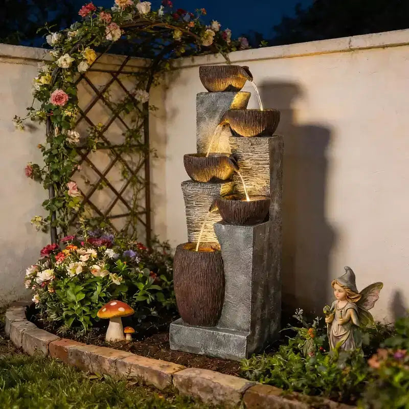 GDFStudio Hulda Fontaine d'eau d'extérieur rustique etagee en forme de cruche avec lumières LED