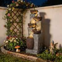GDFStudio Hulda Fontaine d'eau d'extérieur rustique etagee en forme de cruche avec lumières LED