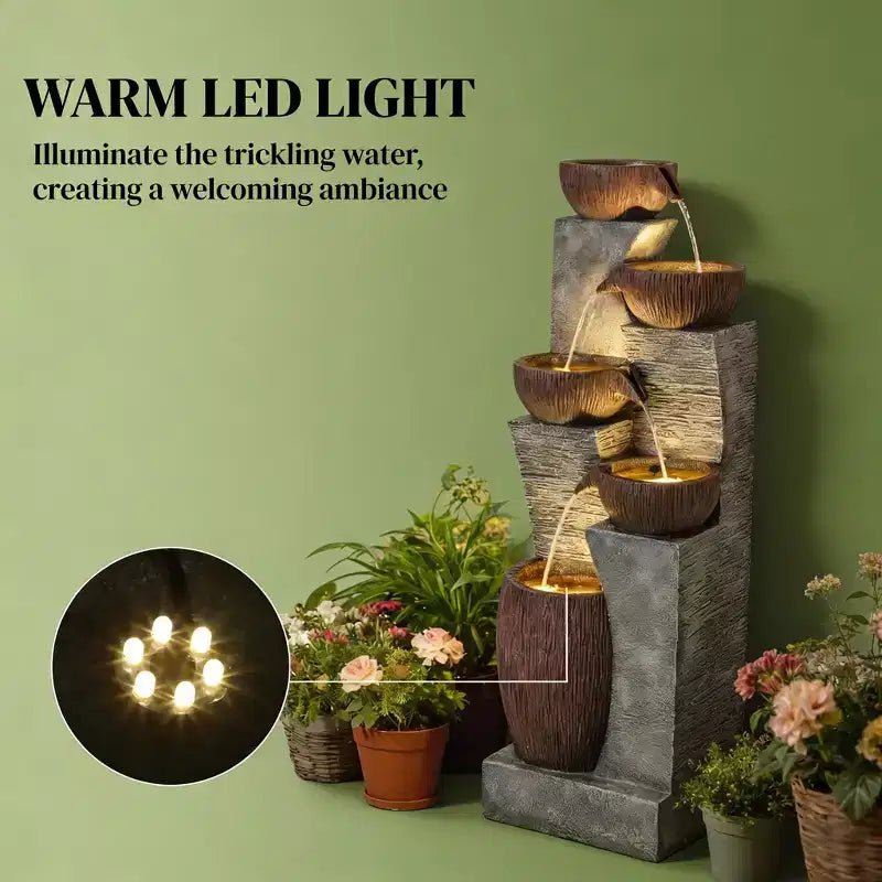 GDFStudio Hulda Fontaine d'eau d'extérieur rustique etagee en forme de cruche avec lumières LED