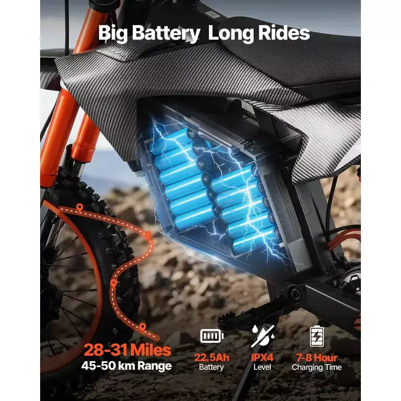 VEVOR Moto tout-terrain électrique pour adolescents et adultes, moteur 2000 W, vitesse 50 km/h, autonomie maximale 50 km, batterie 48 V 22,5 Ah, avec lumière, écran, noir