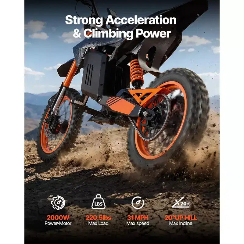 VEVOR Moto tout-terrain électrique pour adolescents et adultes, moteur 2000 W, vitesse 50 km/h, autonomie maximale 50 km, batterie 48 V 22,5 Ah, avec lumière, écran, noir