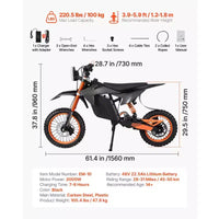 VEVOR Moto tout-terrain électrique pour adolescents et adultes, moteur 2000 W, vitesse 50 km/h, autonomie maximale 50 km, batterie 48 V 22,5 Ah, avec lumière, écran, noir