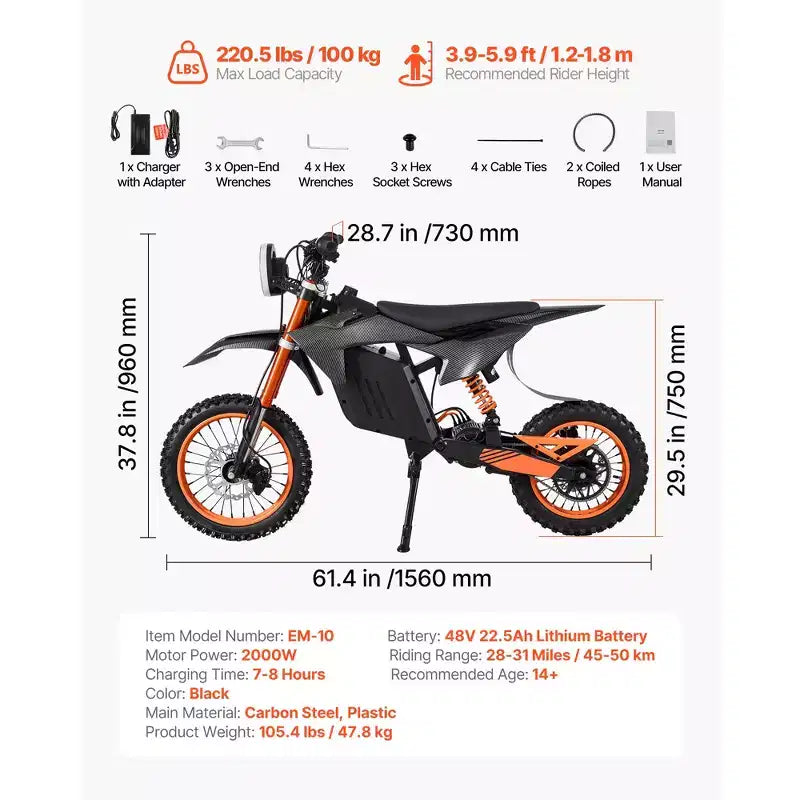 VEVOR Moto tout-terrain électrique pour adolescents et adultes, moteur 2000 W, vitesse 50 km/h, autonomie maximale 50 km, batterie 48 V 22,5 Ah, avec lumière, écran, noir