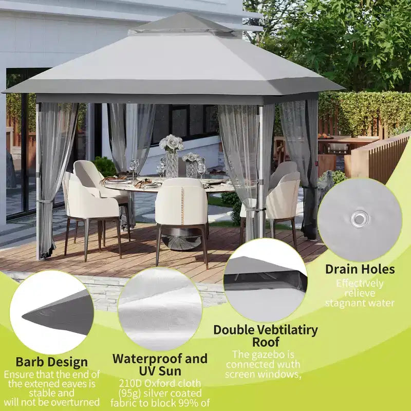 GustoWave Gazebo pop-up 10x10 pi, tente canopy étanche instantanée avec moustiquaire et parois latérales, abri extérieur pour patio jardin