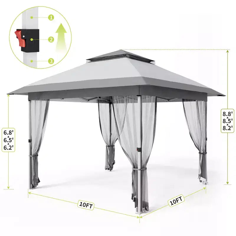 GustoWave Gazebo pop-up 10x10 pi, tente canopy étanche instantanée avec moustiquaire et parois latérales, abri extérieur pour patio jardin