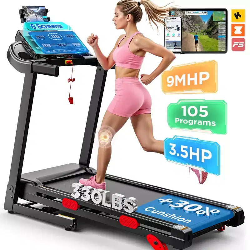 Tapis de course 105 programmes avec capacité de 150 kg, tapis de course pliable 3,75 CV inclinaison 10 % pour la maison, vitesse maximale de 14,5 km/h, contrôle via application intelligente, haut-parleur stéréo HiFi, sangles de genou