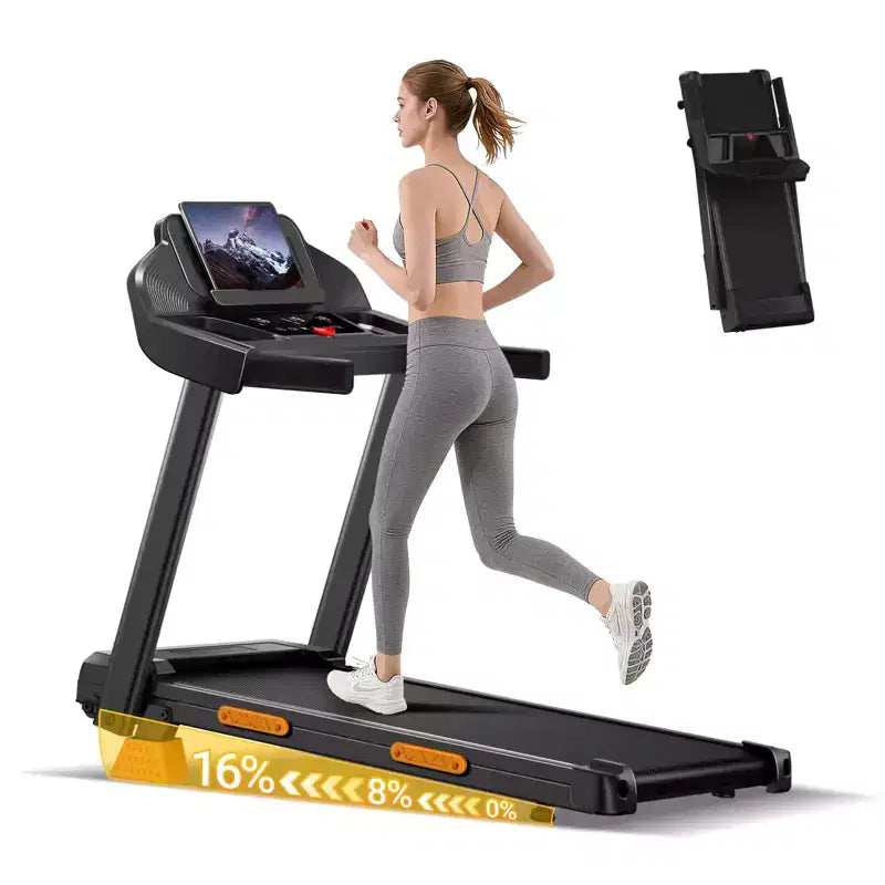 Tapis de course à domicile avec inclinaison de 14 % et écran LED, tapis de course pliable silencieux de 3,0 CV avec barre de maintien, capacité jusqu'à 163 kg