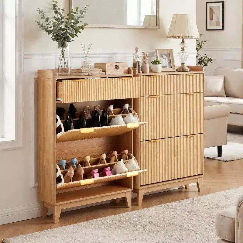 Meuble à chaussures étroit COZONY, organiseur de rangement mince à double porte avec étagères réglables et 2 tiroirs, compact pour les petits espaces