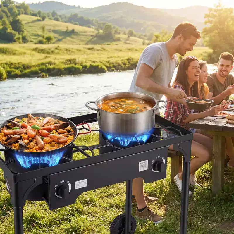 Cuisinière à gaz propane d'extérieur à 2 brûleurs VEVOR, réchaud de camping à gaz propane GPL 150 000 BTU avec 2 roues et régulateur de 20 PSI et tuyau, Noir