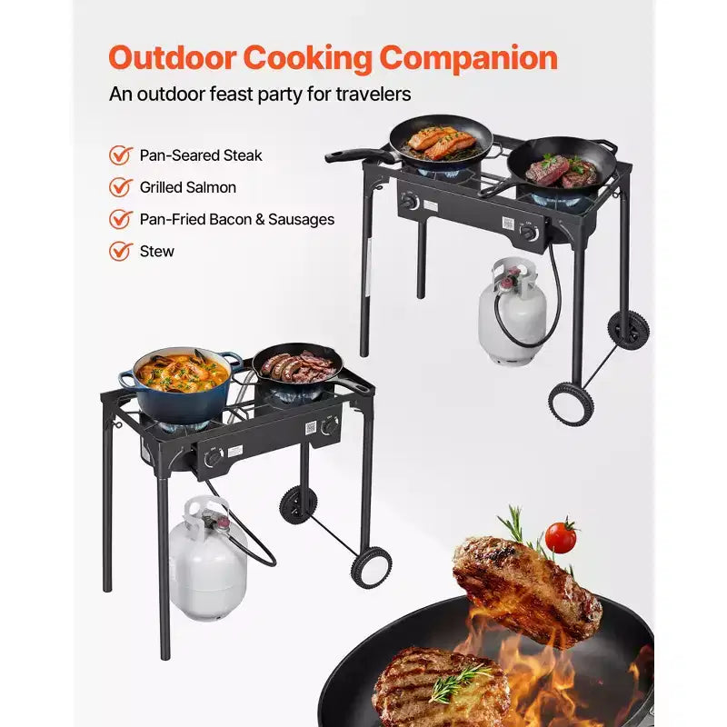 Cuisinière à gaz propane d'extérieur à 2 brûleurs VEVOR, réchaud de camping à gaz propane GPL 150 000 BTU avec 2 roues et régulateur de 20 PSI et tuyau, Noir